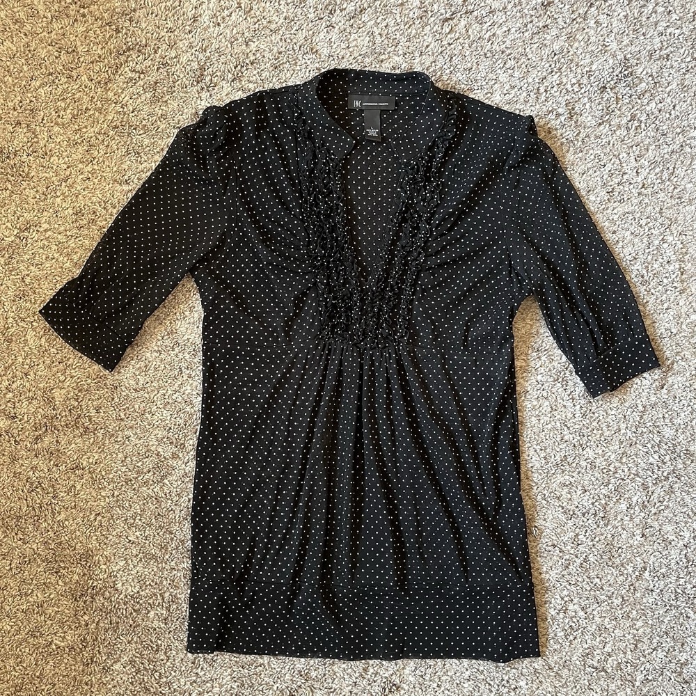 INC Sheer Top Women's L Black & White Pills Dot Blouse V-Neck